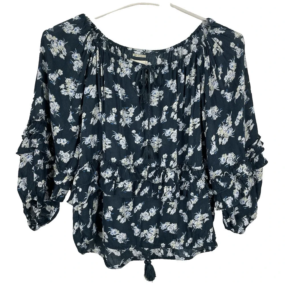 Denim & Supply Ralph Lauren RL Boho Top Womens Sz XS Navy Floral Peasant Tassels